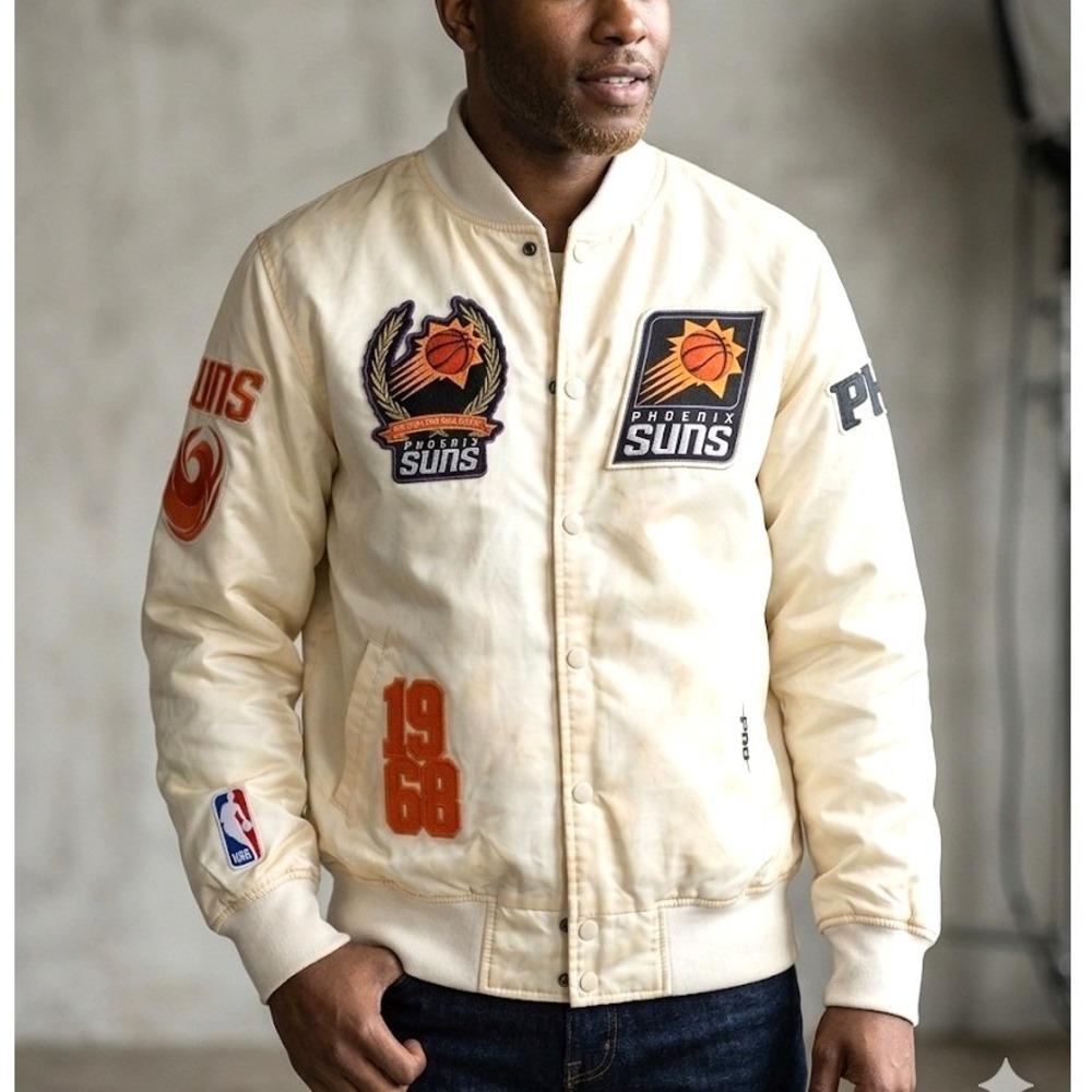 L Men Phoenix Suns Pro Standard Satin Varsity Bomber Jacket Large Cream 1968 NBA